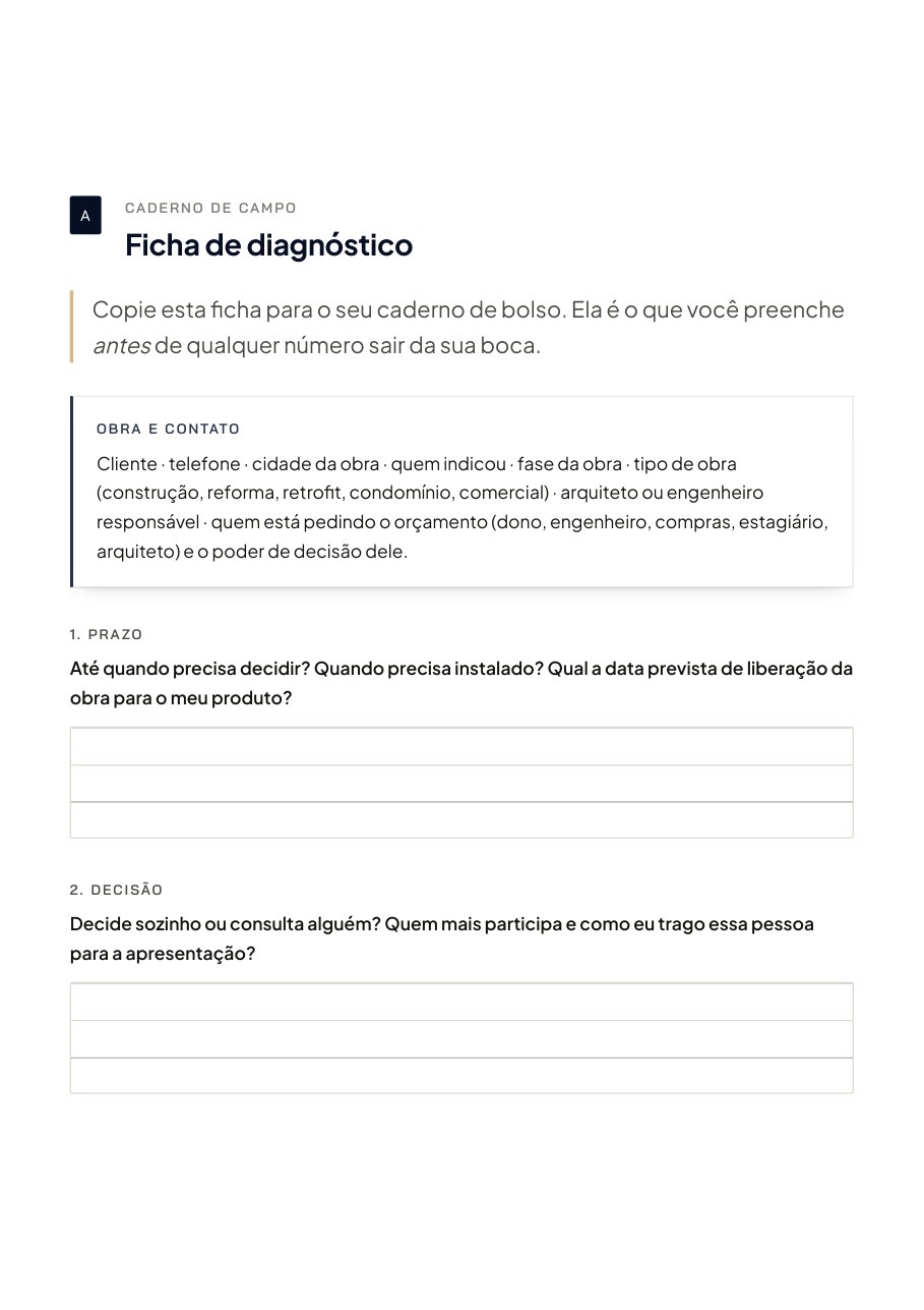 Página do Caderno do Vendedor da Construção: Campo A: ficha de diagnóstico