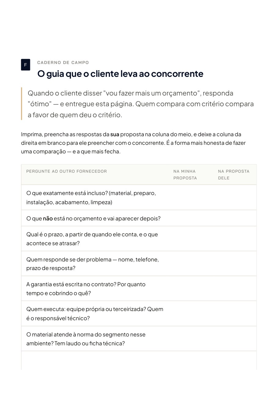 Página do Caderno do Vendedor da Construção: Campo F: o guia para o concorrente