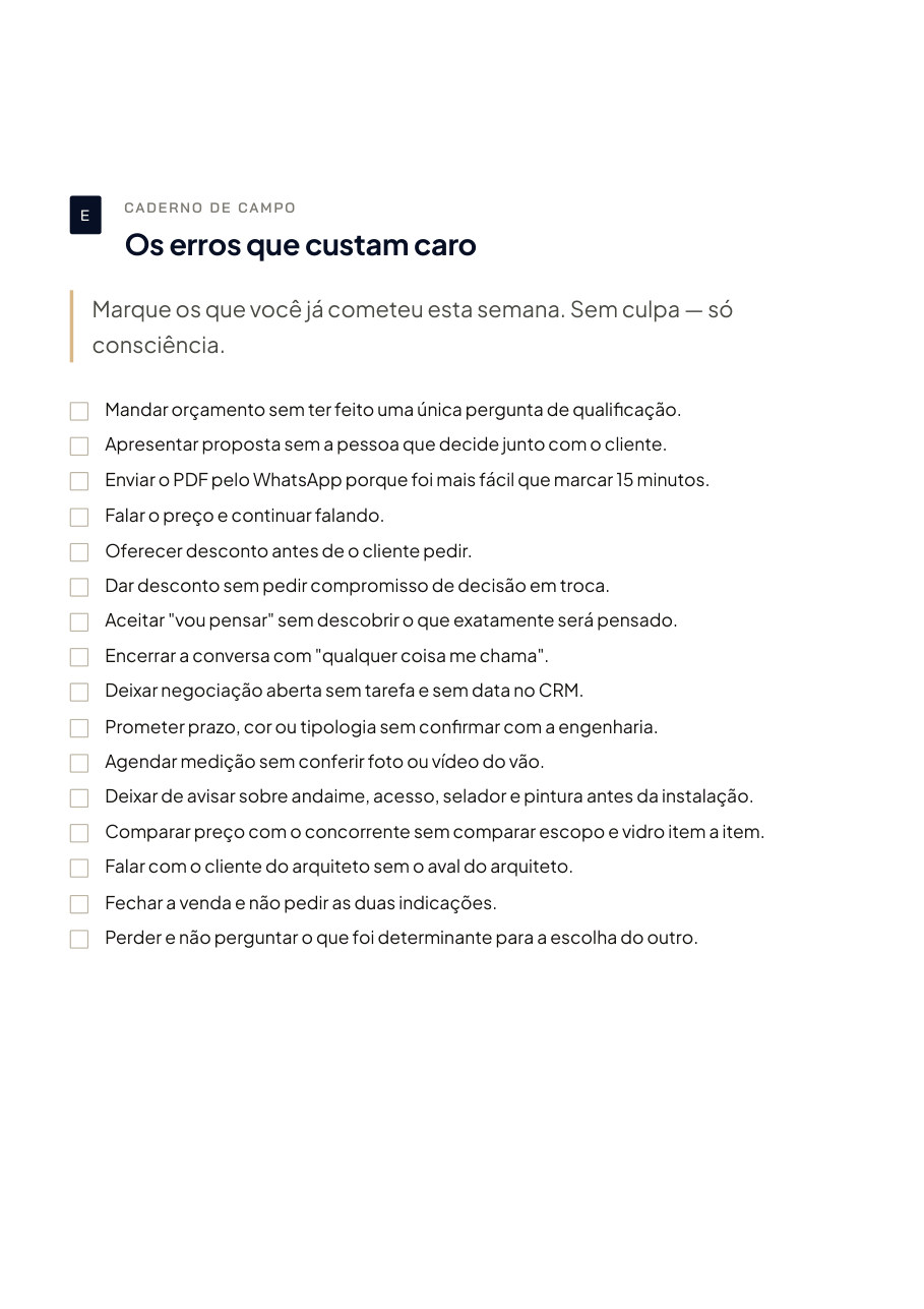 Página do Caderno do Vendedor de Esquadrias — Campo E — os erros que custam caro
