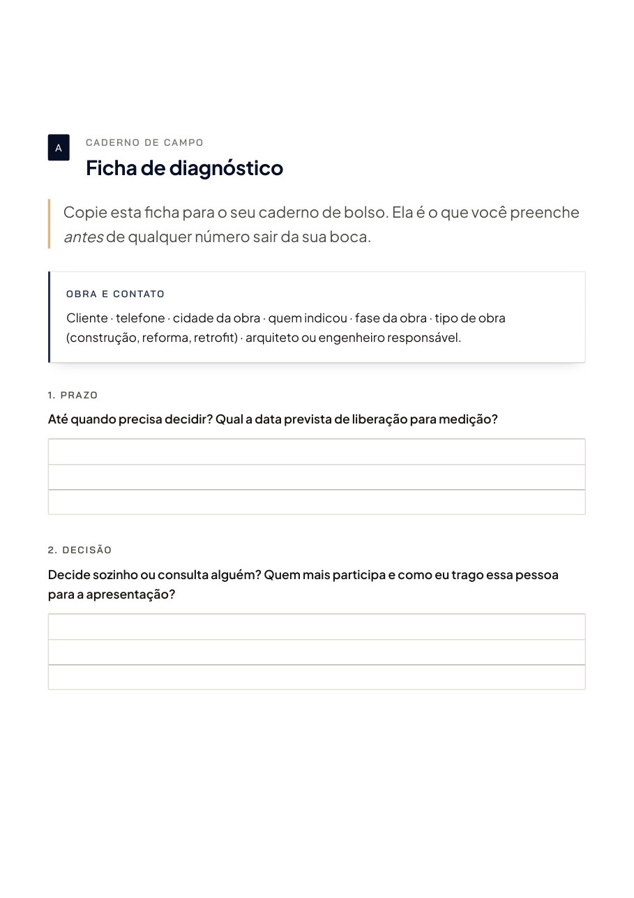Página do Caderno do Vendedor de Esquadrias — Campo A — ficha de diagnóstico
