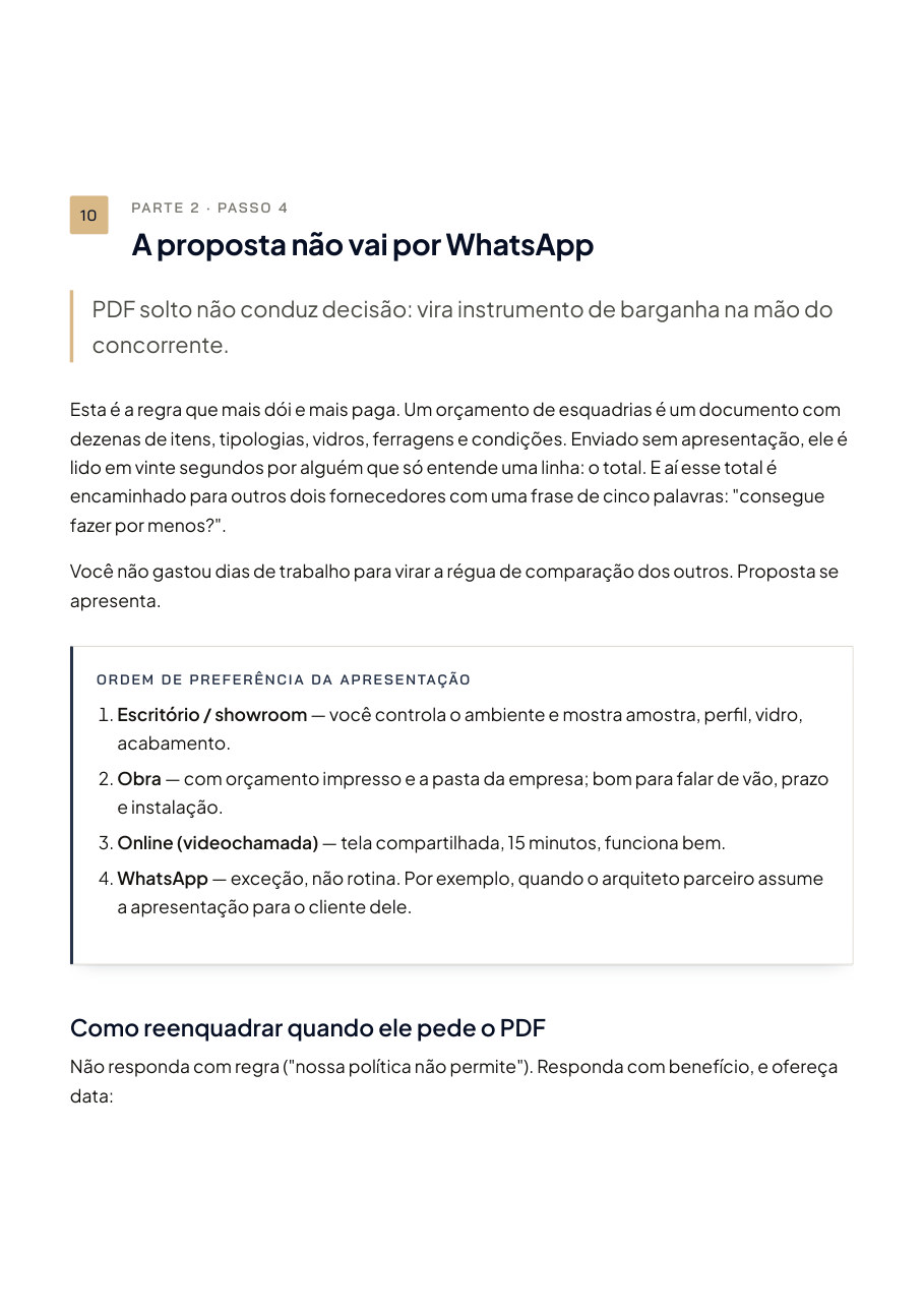 Página do Caderno do Vendedor de Esquadrias — Cap. 10 — a proposta não vai por WhatsApp