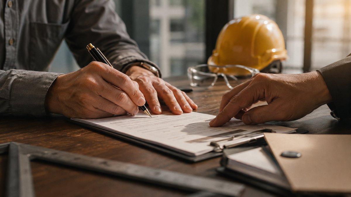 Contrato de prestação de serviços sendo assinado na obra