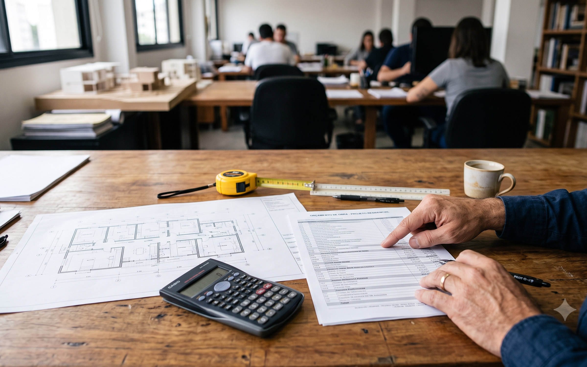Orçamento de obra sendo montado com calculadora e projeto